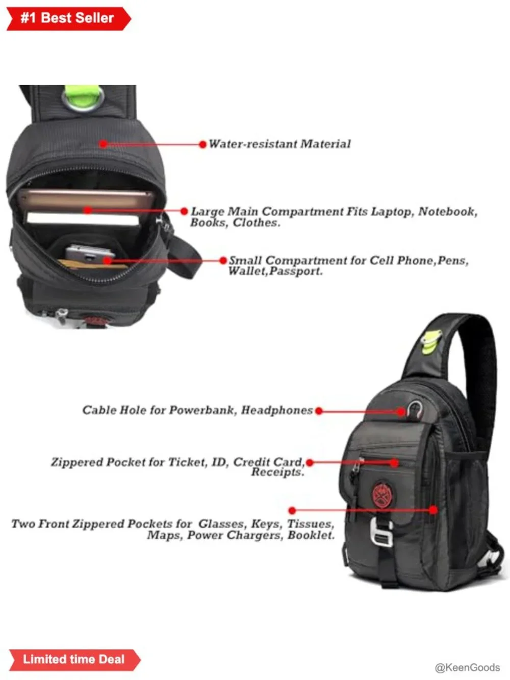 NICGID Sling Bag Chest Shoulder Backpack Water-Resistant Nylon Crossbody